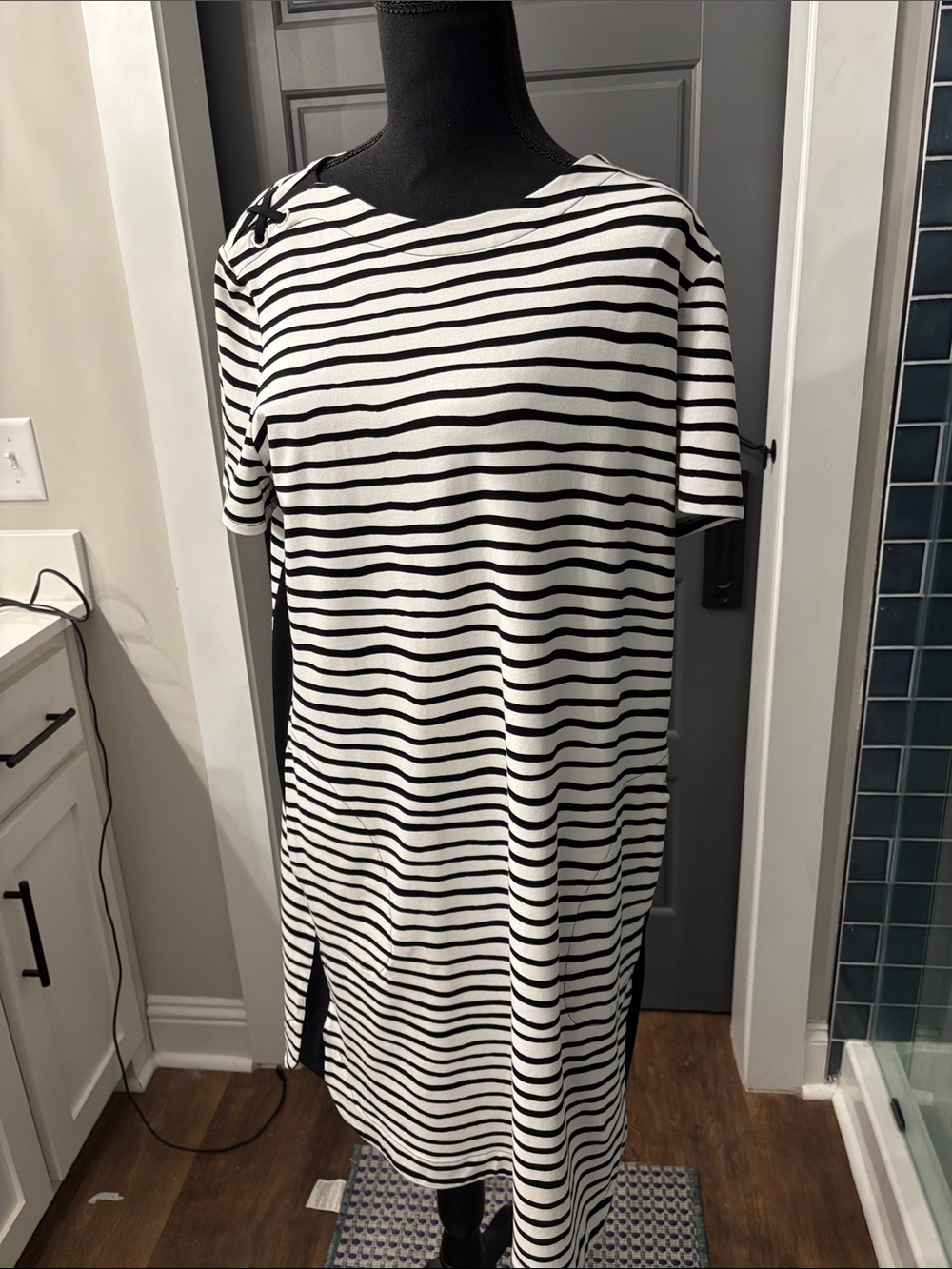 Chico's Black and White Striped Short Sleeve Dress